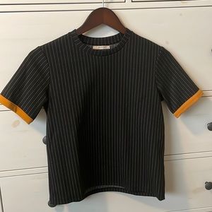 Zara Trafaluc poly/elastane crewneck in pinstripe black with gold sleeve trim
